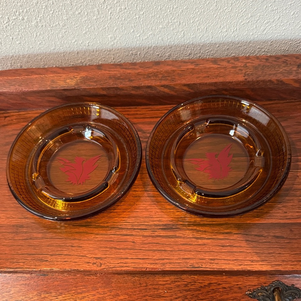2 Thunderbird Vintage Amber Glass Ashtrays with Red Accents mid century